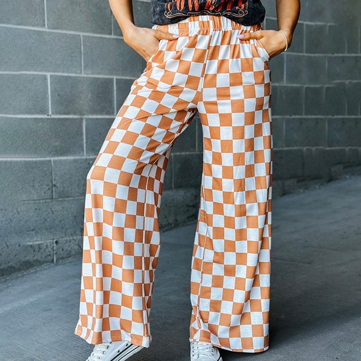 New 3D-print casual trousers: loose, high-waisted, wide-leg fit.