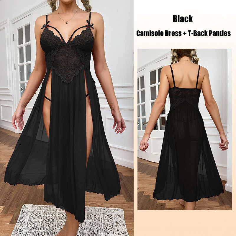 Sexy sheer mesh deep-V lace long nightgown