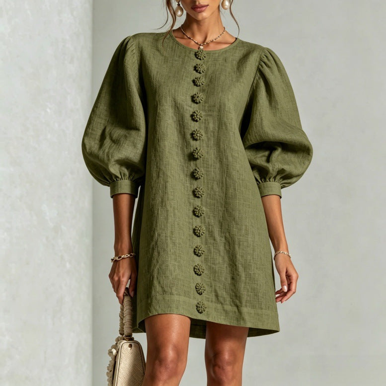 New Autumn/Winter Cotton-Linen Dress with Lantern Sleeves