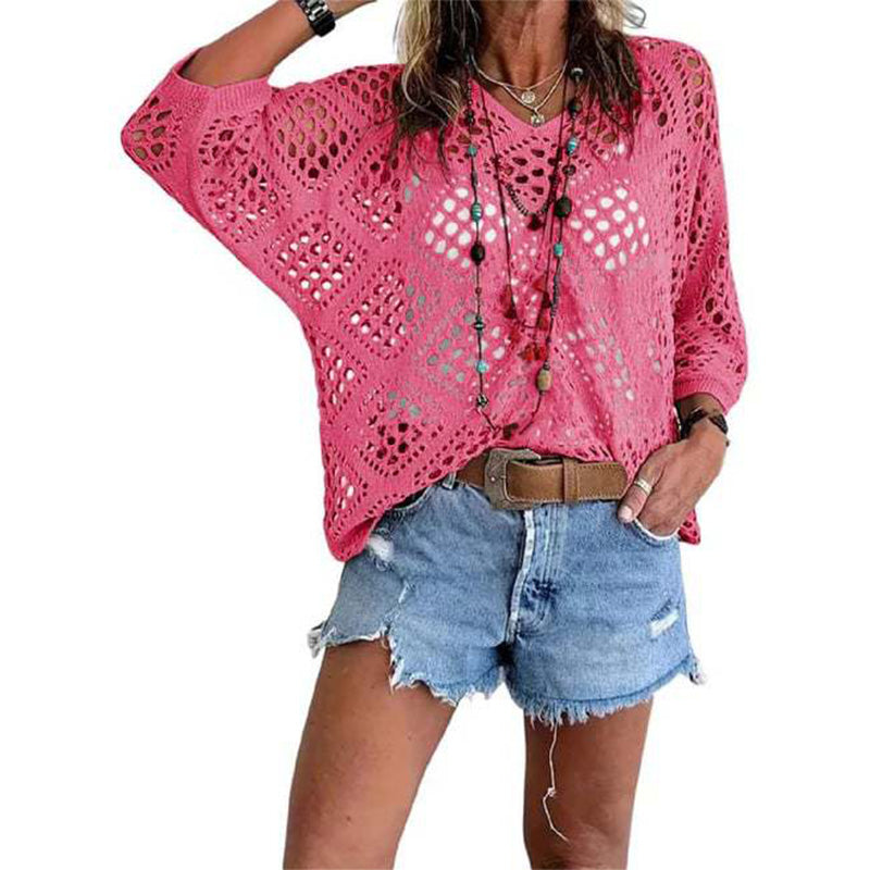 Spring/Summer V-neck batwing-sleeve knit pullover