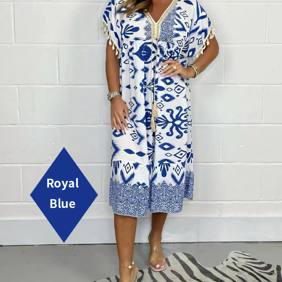 New Summer Fashionable Printed V-Neck Tassel Dress