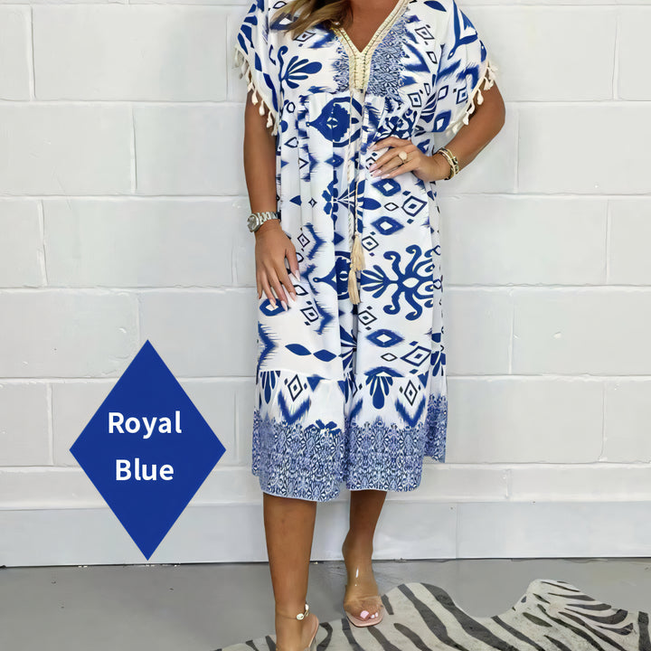 New Summer Fashionable Printed V-Neck Tassel Dress
