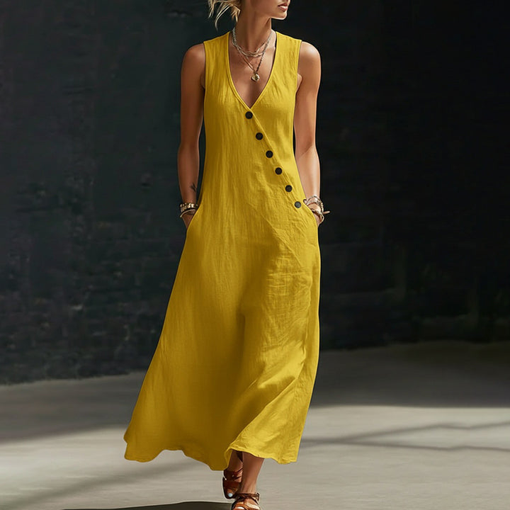 New Sleeveless Cotton-Linen Maxi Dress with V-Neck and Front Button Closure