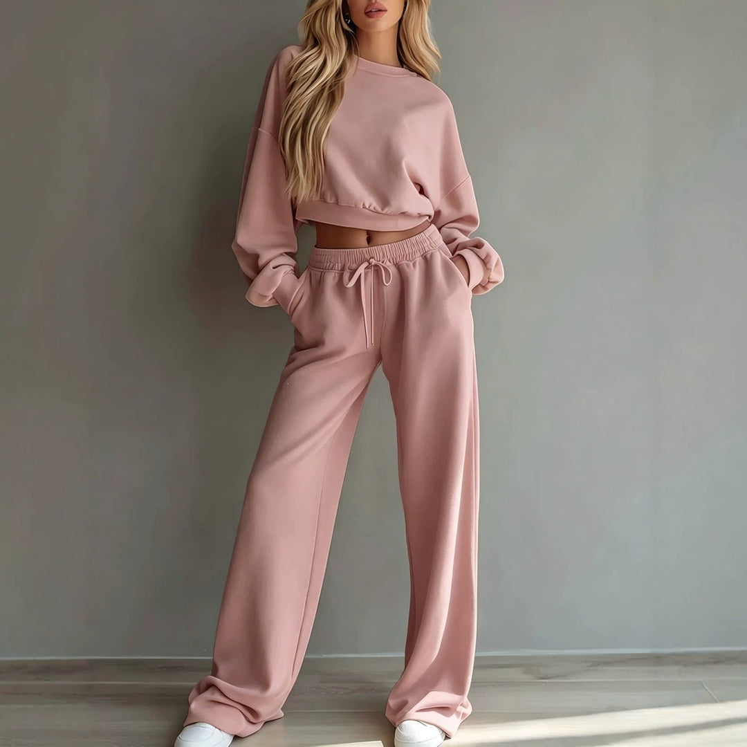 New casual cropped long-sleeve sweatshirt and wide-leg trousers