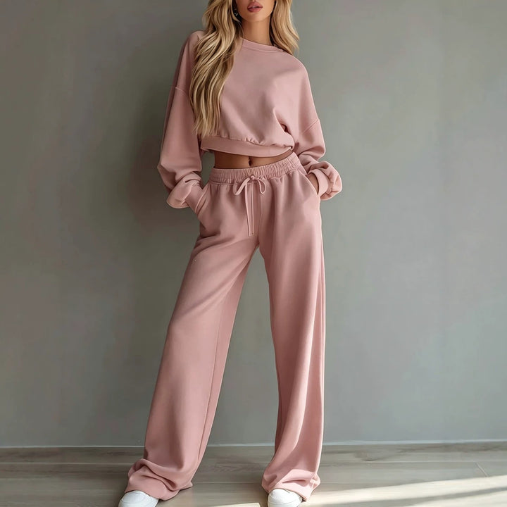 New casual cropped long-sleeve sweatshirt and wide-leg trousers