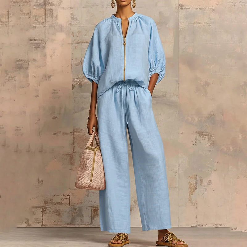 New Loose, Stylish Resort-Style Zip-Neck Wide-Leg Pant Set