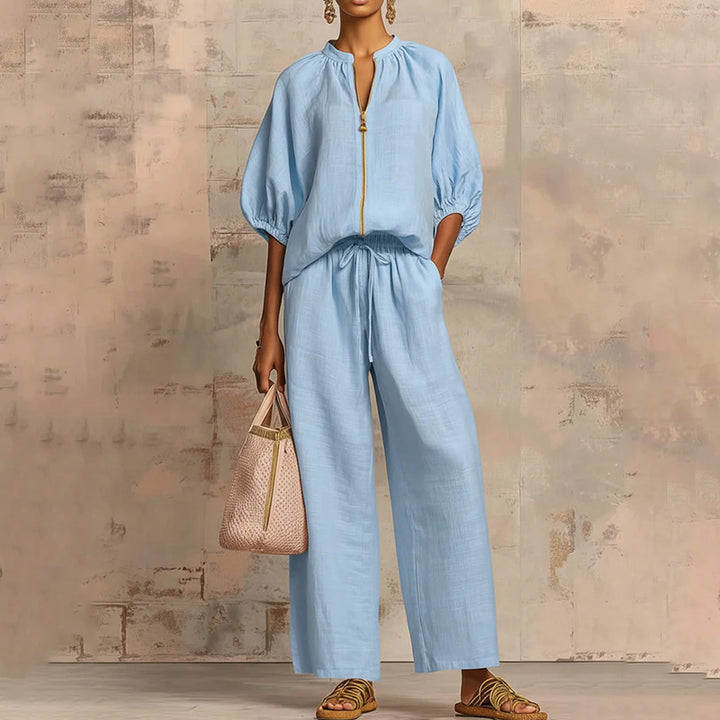 New Loose, Stylish Resort-Style Zip-Neck Wide-Leg Pant Set