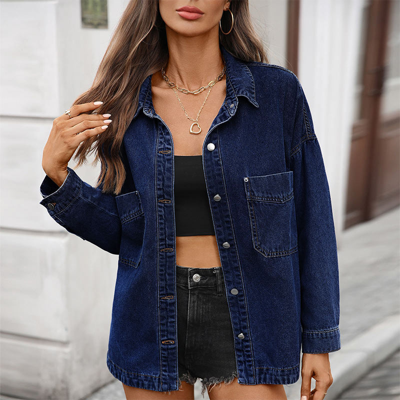 New Retro Loose-Fit Casual Denim Shirt with Side Slits