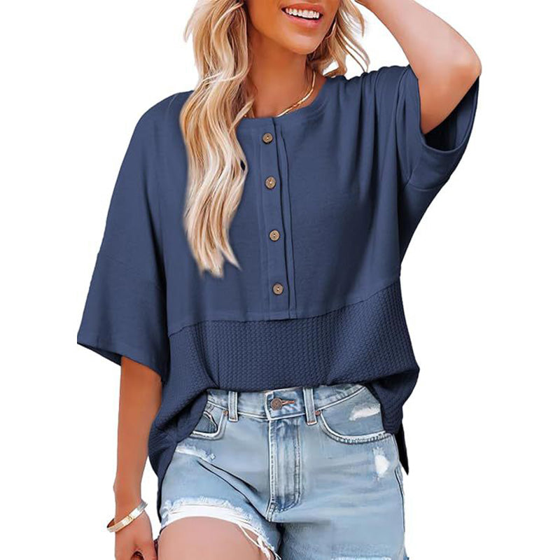New casual color-block T-shirt with three-quarter sleeves