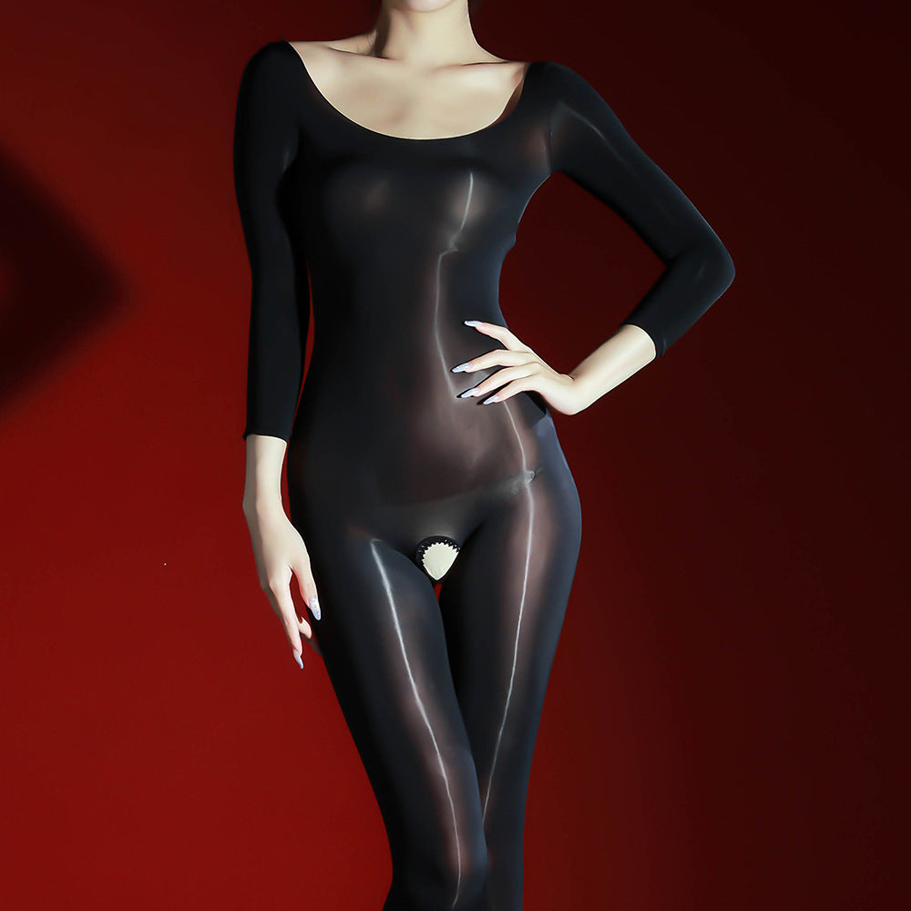 Glossy, sheer, open-crotch bodysuit