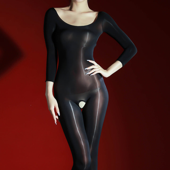Glossy, sheer, open-crotch bodysuit