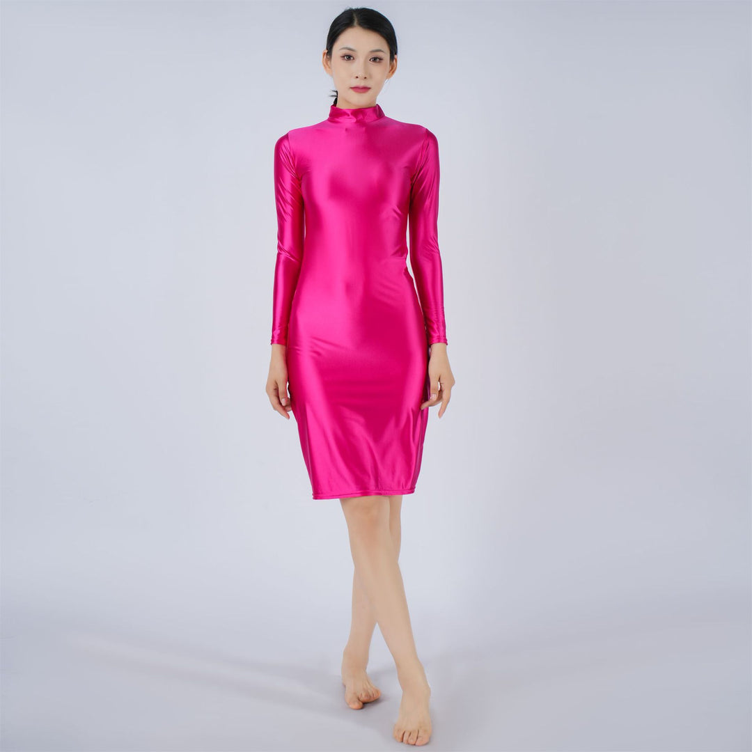 New High-stretch, silky-sheen long-sleeve dress