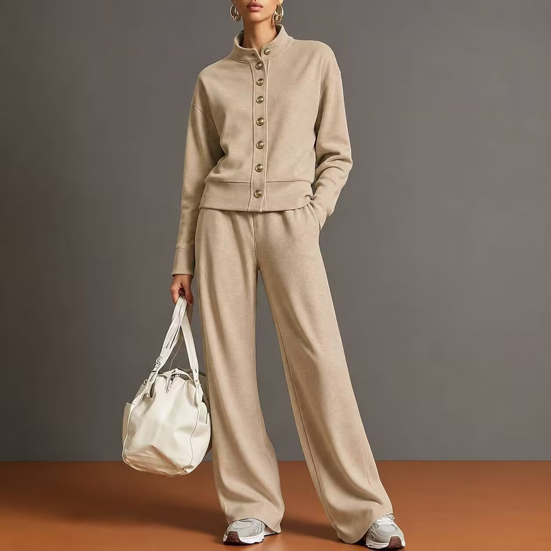 New solid-color stand-collar sweatshirt and wide-leg pants set