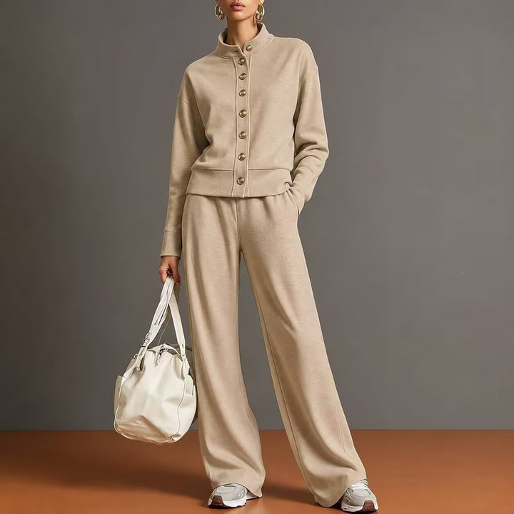 New solid-color stand-collar sweatshirt and wide-leg pants set