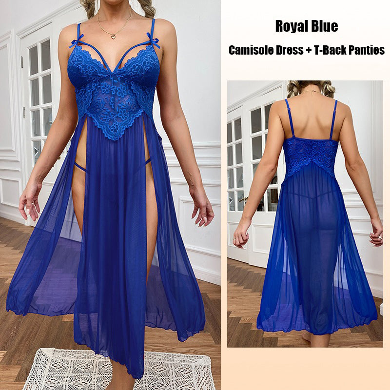 Sexy sheer mesh deep-V lace long nightgown
