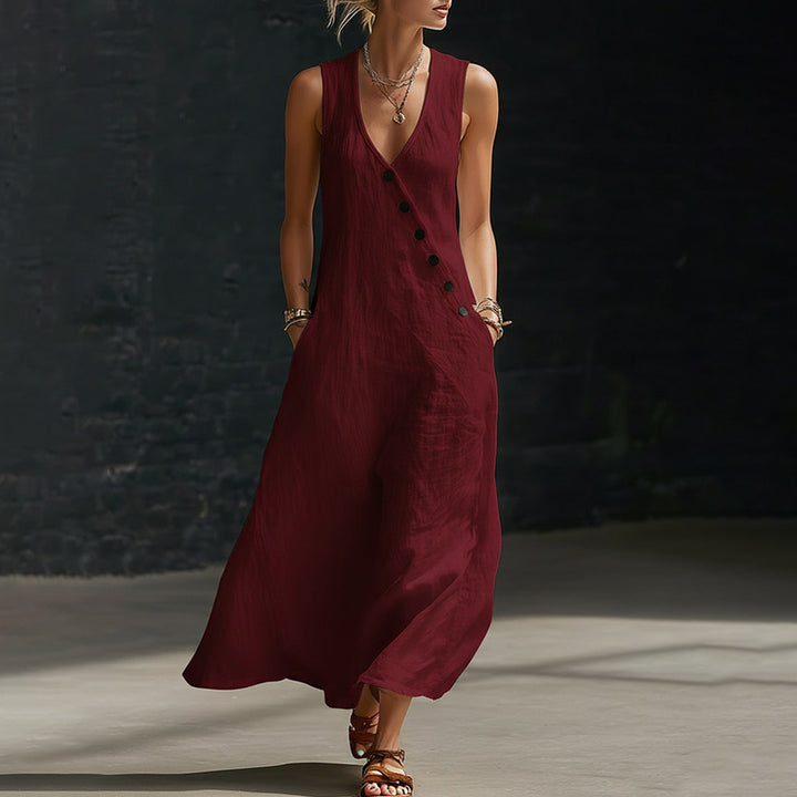 New Sleeveless Cotton-Linen Maxi Dress with V-Neck and Front Button Closure