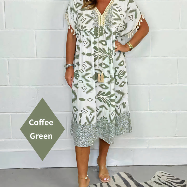 New Summer Fashionable Printed V-Neck Tassel Dress