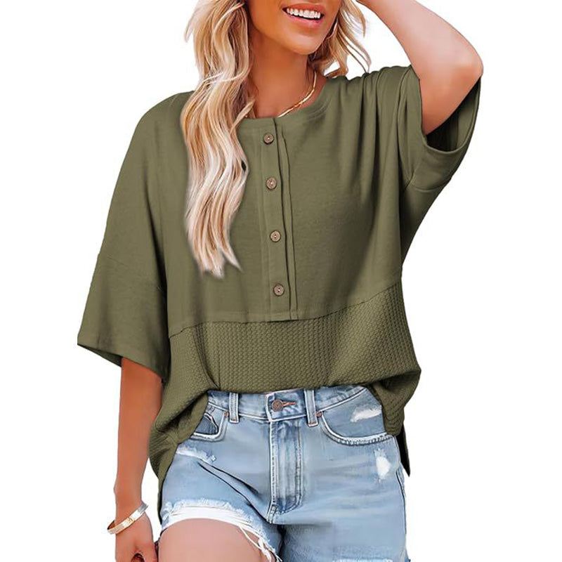 New casual color-block T-shirt with three-quarter sleeves