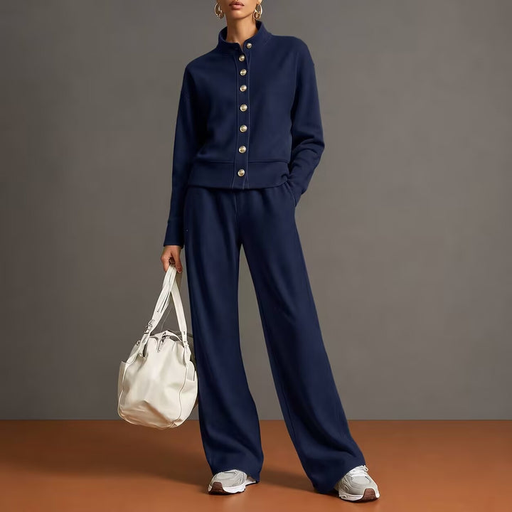 New solid-color stand-collar sweatshirt and wide-leg pants set
