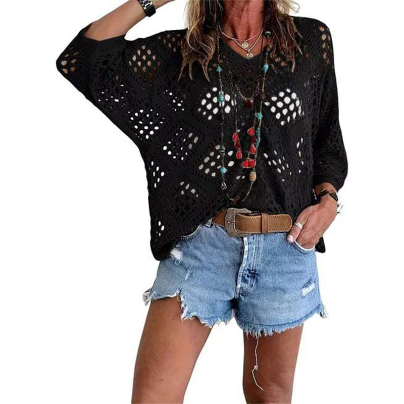 Spring/Summer V-neck batwing-sleeve knit pullover