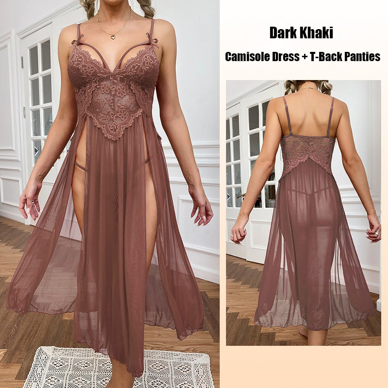 Sexy sheer mesh deep-V lace long nightgown