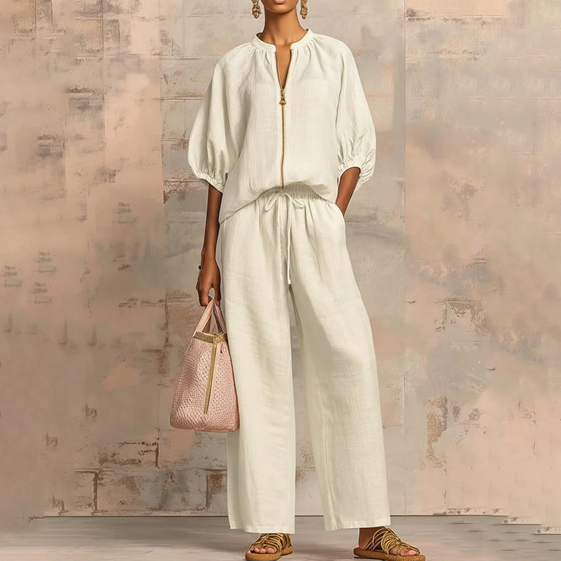 New Loose, Stylish Resort-Style Zip-Neck Wide-Leg Pant Set