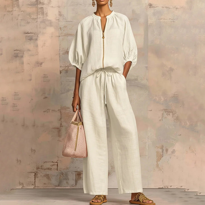 New Loose, Stylish Resort-Style Zip-Neck Wide-Leg Pant Set