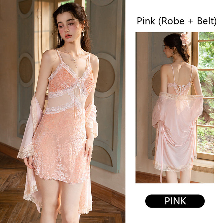 Luxurious sheer backless lace-up nightgown set