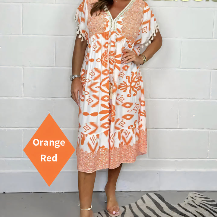 New Summer Fashionable Printed V-Neck Tassel Dress