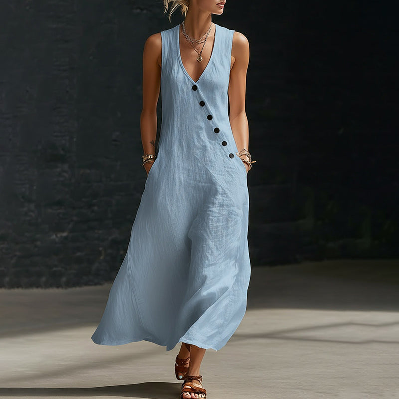 New Sleeveless Cotton-Linen Maxi Dress with V-Neck and Front Button Closure