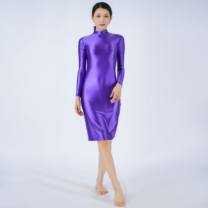New High-stretch, silky-sheen long-sleeve dress