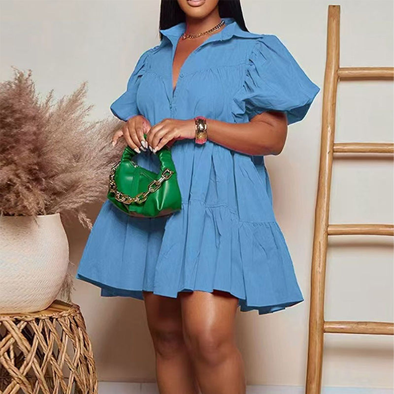 Stylish Casual Collared Puff-Sleeve Dress
