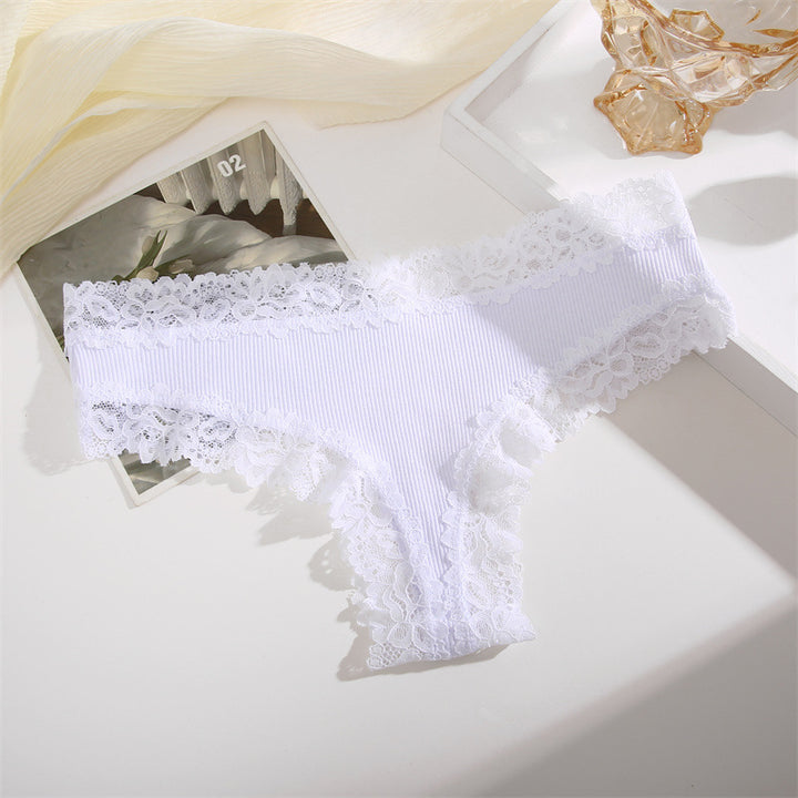 Low-rise floral lace panties with a cotton gusset.