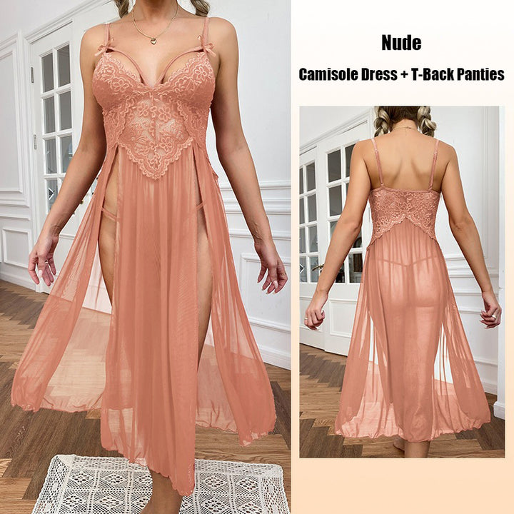 Sexy sheer mesh deep-V lace long nightgown