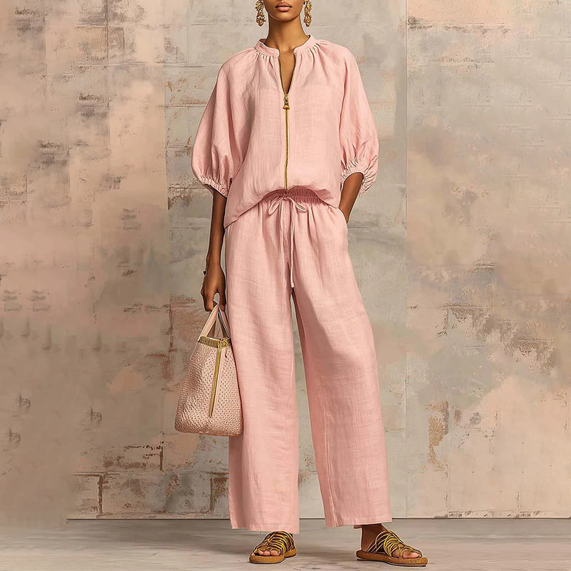 New Loose, Stylish Resort-Style Zip-Neck Wide-Leg Pant Set