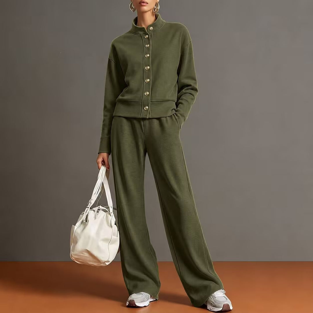 New solid-color stand-collar sweatshirt and wide-leg pants set