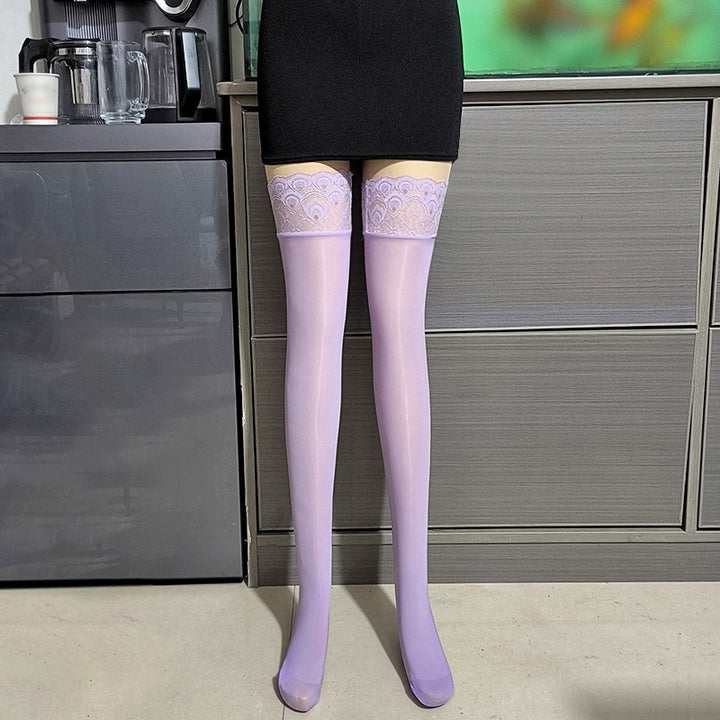 Glossy, non-slip over-the-knee socks with peacock-patterned lace trim