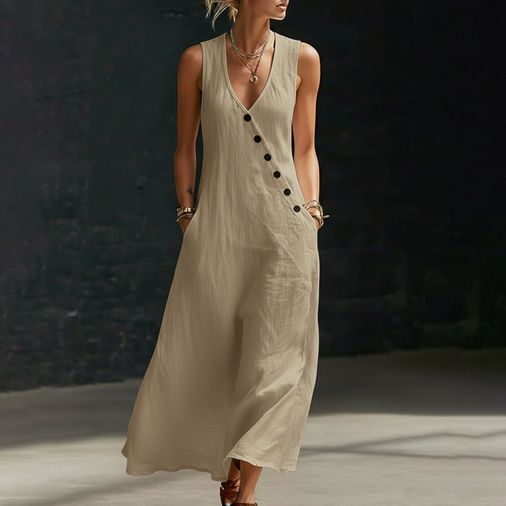 New Sleeveless Cotton-Linen Maxi Dress with V-Neck and Front Button Closure