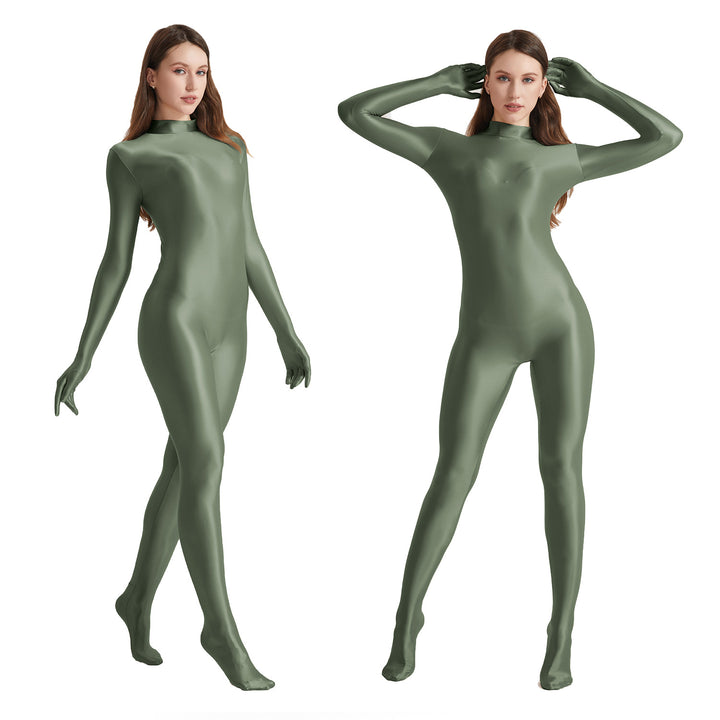 High-Neck Stretchy Glossy Yoga Bodysuit