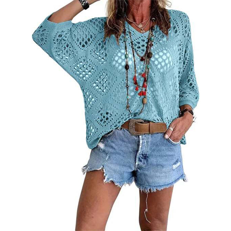 Spring/Summer V-neck batwing-sleeve knit pullover