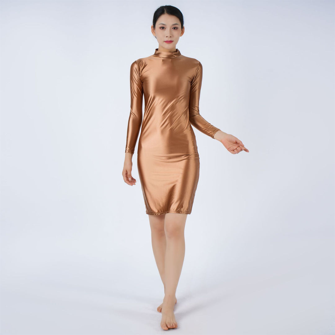 New High-stretch, silky-sheen long-sleeve dress