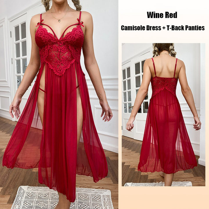 Sexy sheer mesh deep-V lace long nightgown