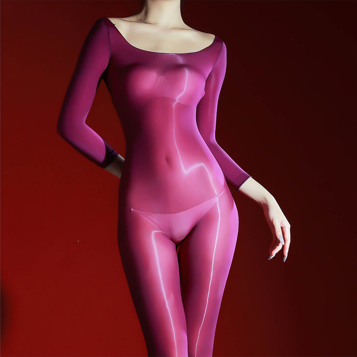 Glossy, sheer, open-crotch bodysuit