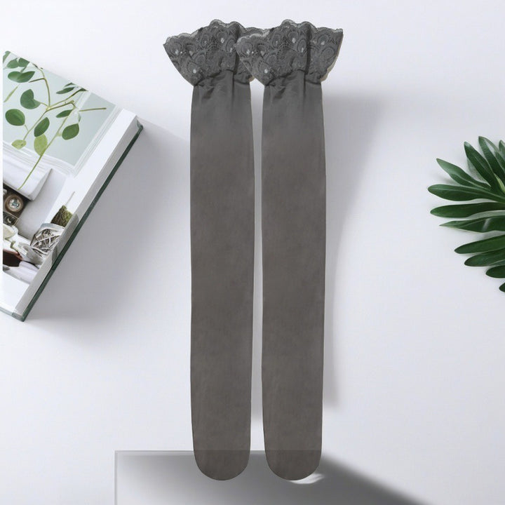 Glossy, non-slip over-the-knee socks with peacock-patterned lace trim