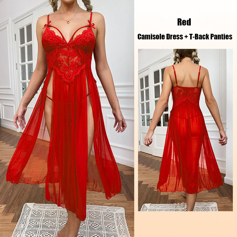 Sexy sheer mesh deep-V lace long nightgown