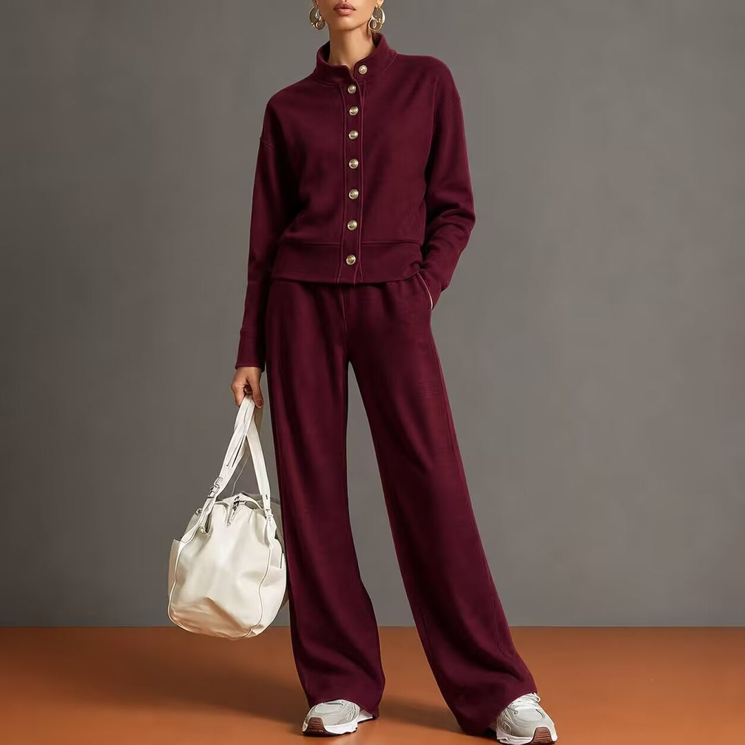 New solid-color stand-collar sweatshirt and wide-leg pants set