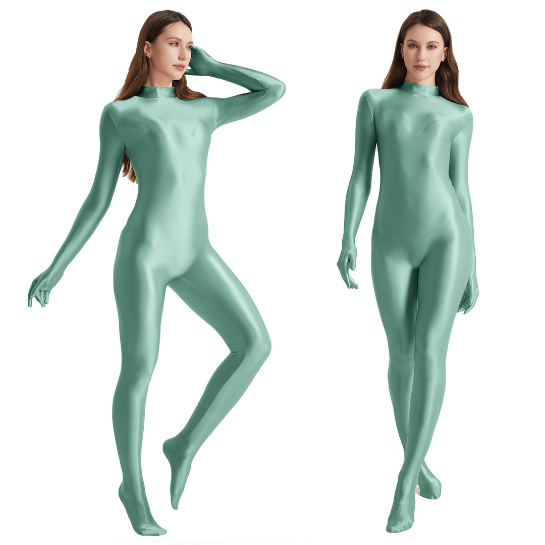 High-Neck Stretchy Glossy Yoga Bodysuit