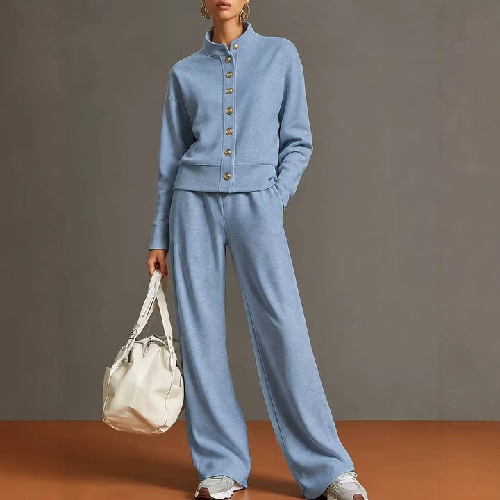 New solid-color stand-collar sweatshirt and wide-leg pants set