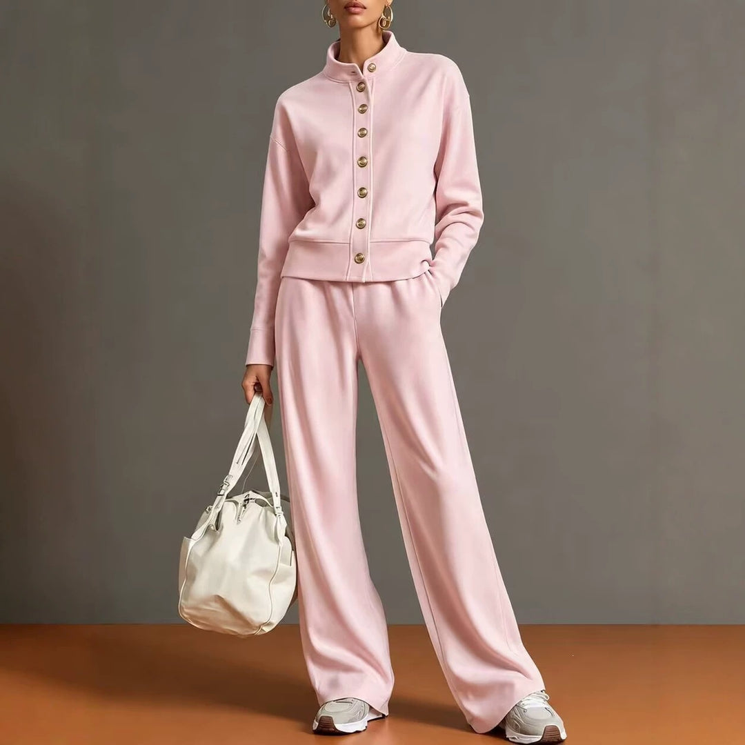 New solid-color stand-collar sweatshirt and wide-leg pants set