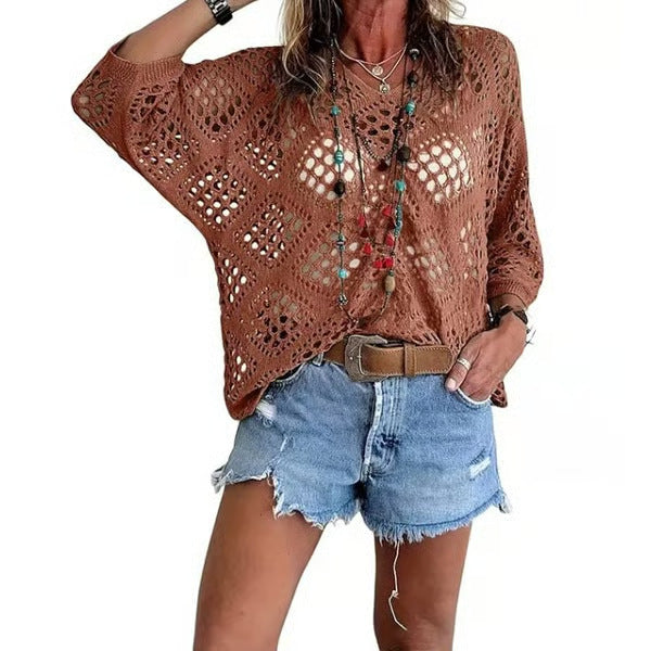 Spring/Summer V-neck batwing-sleeve knit pullover